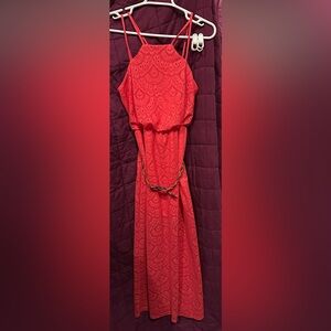Women’s Coral Lace Fit-and-Flare Dress with Braided Belt